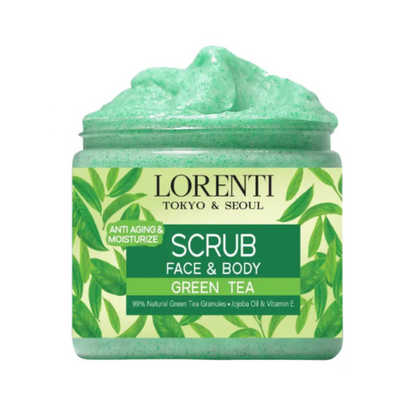 Green tea scrub jar with leaf design and 'Lorenti' branding on a white background
