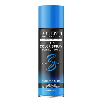 Lorenti hair color spray can in blue and black on a white background