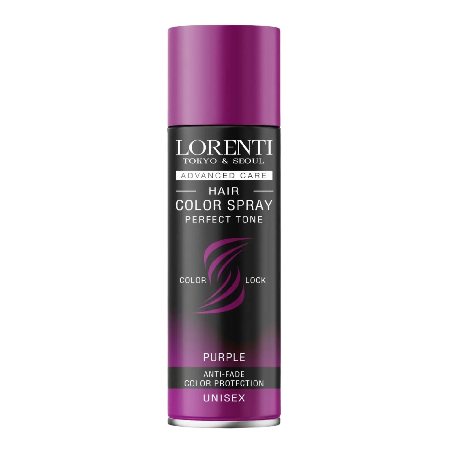 Lorenti hair color spray can with purple cap and label on a white background
