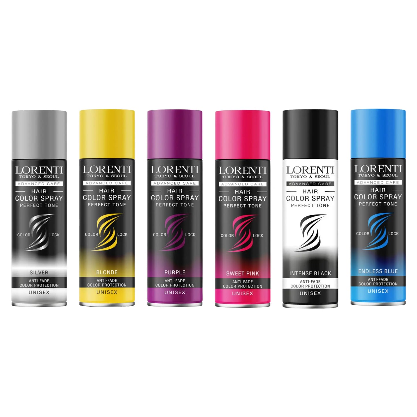 Set of Lorenti hair color spray bottles in various colors on a white background