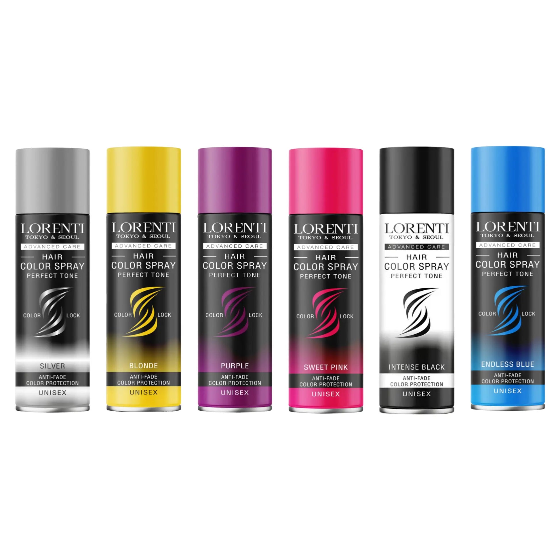 Set of Lorenti hair color spray bottles in various colors on a white background