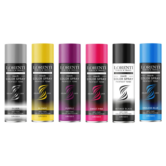 Set of Lorenti hair color spray bottles in various colors on a white background