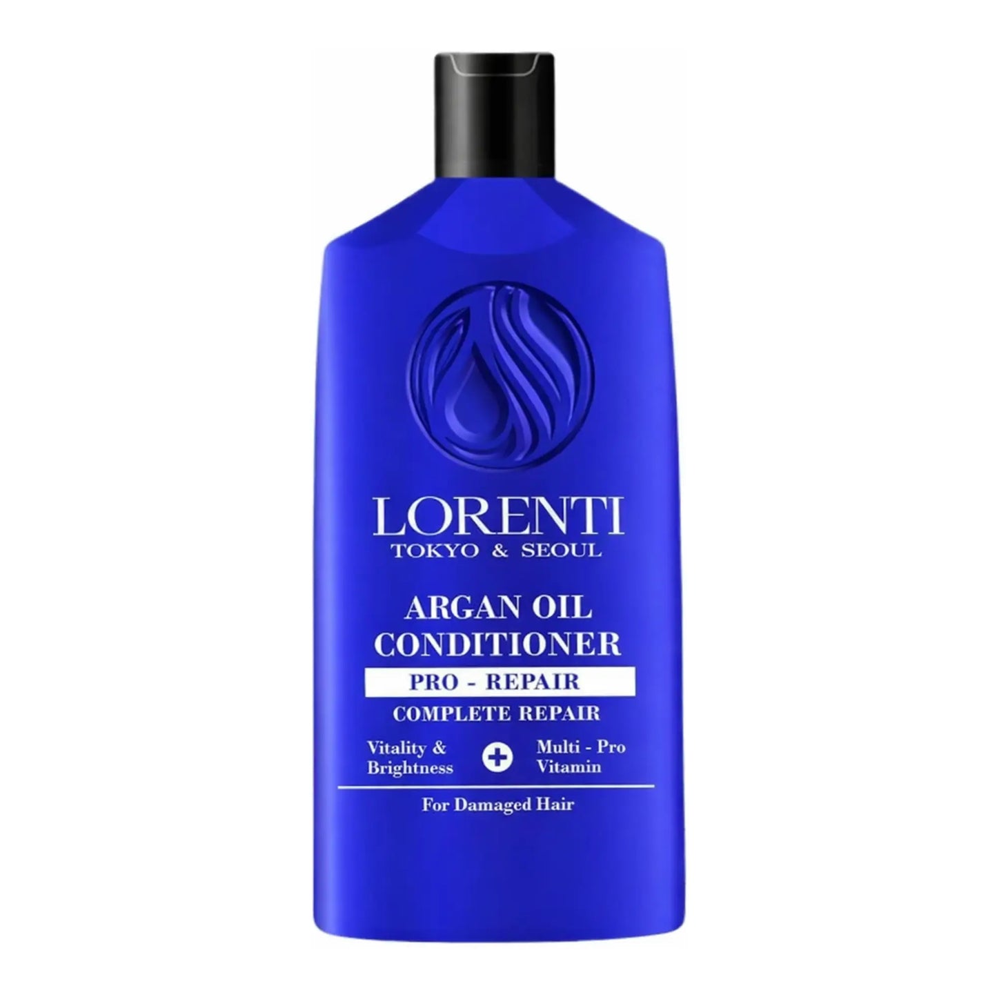 Blue bottle of Lorenti Argan Oil Conditioner on a white background