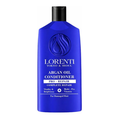 Blue bottle of Lorenti Argan Oil Conditioner on a white background