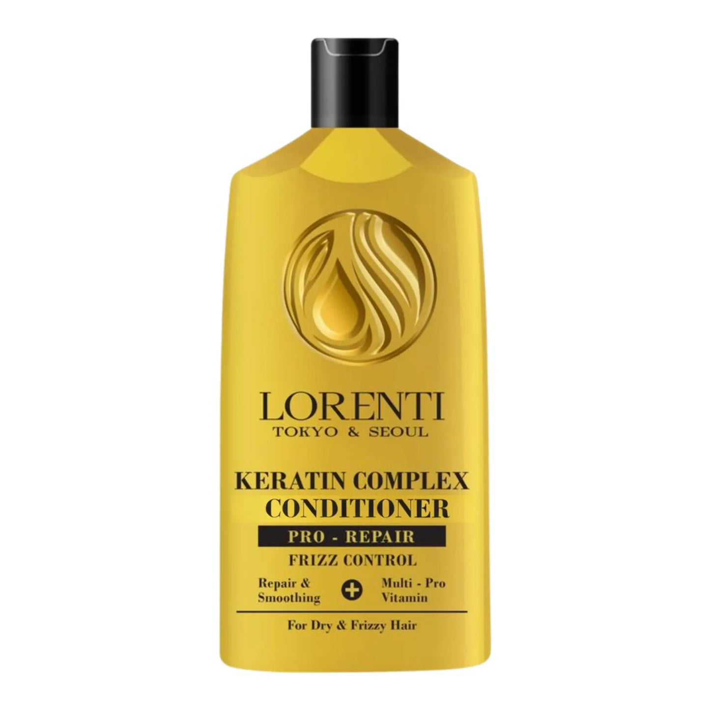 Yellow bottle of Lorenti Keratin Complex Conditioner on a white background