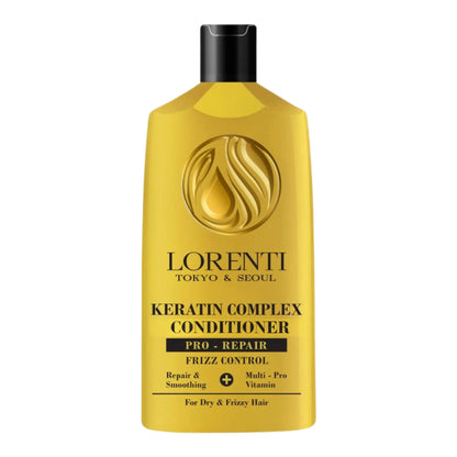 Yellow bottle of Lorenti Keratin Complex Conditioner on a white background