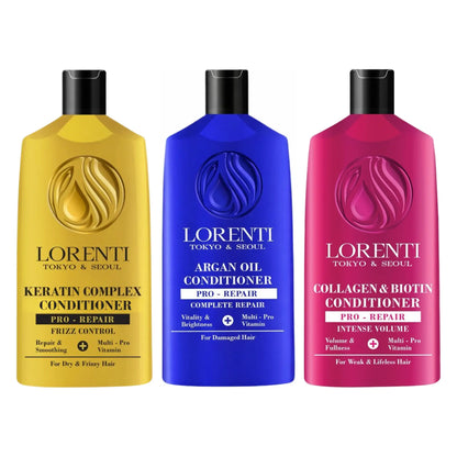 Three bottles of Lorenti hair conditioners in yellow, blue, and pink on a white background.