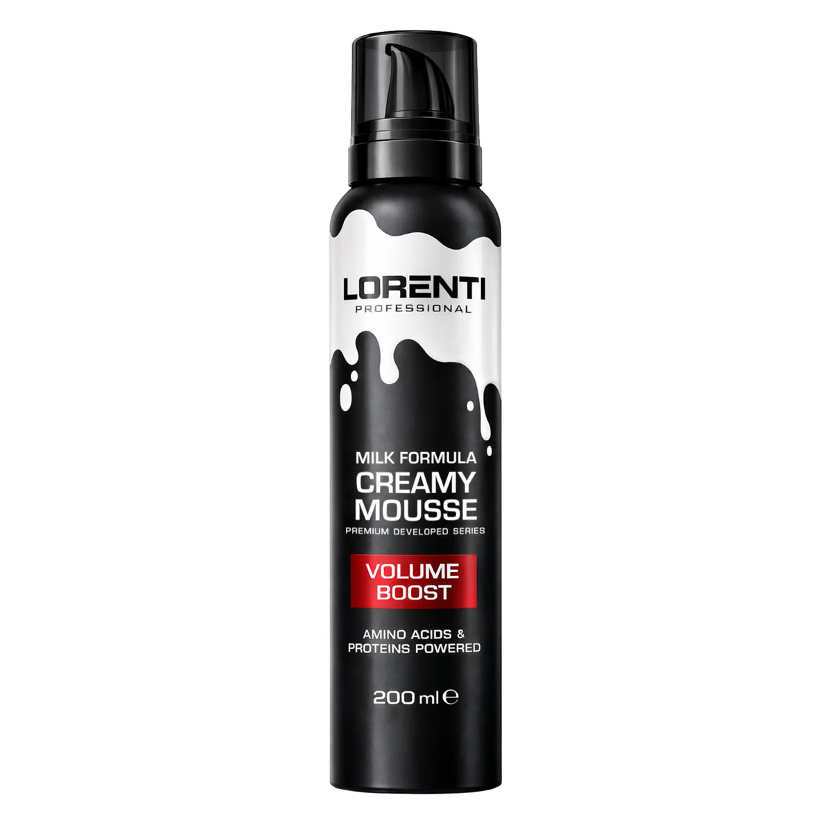A 200 ml black aerosol can of Lorenti Professional Creamy Mousse, featuring a black and white label with a red 'VOLUME BOOST' accent, on a solid white background.