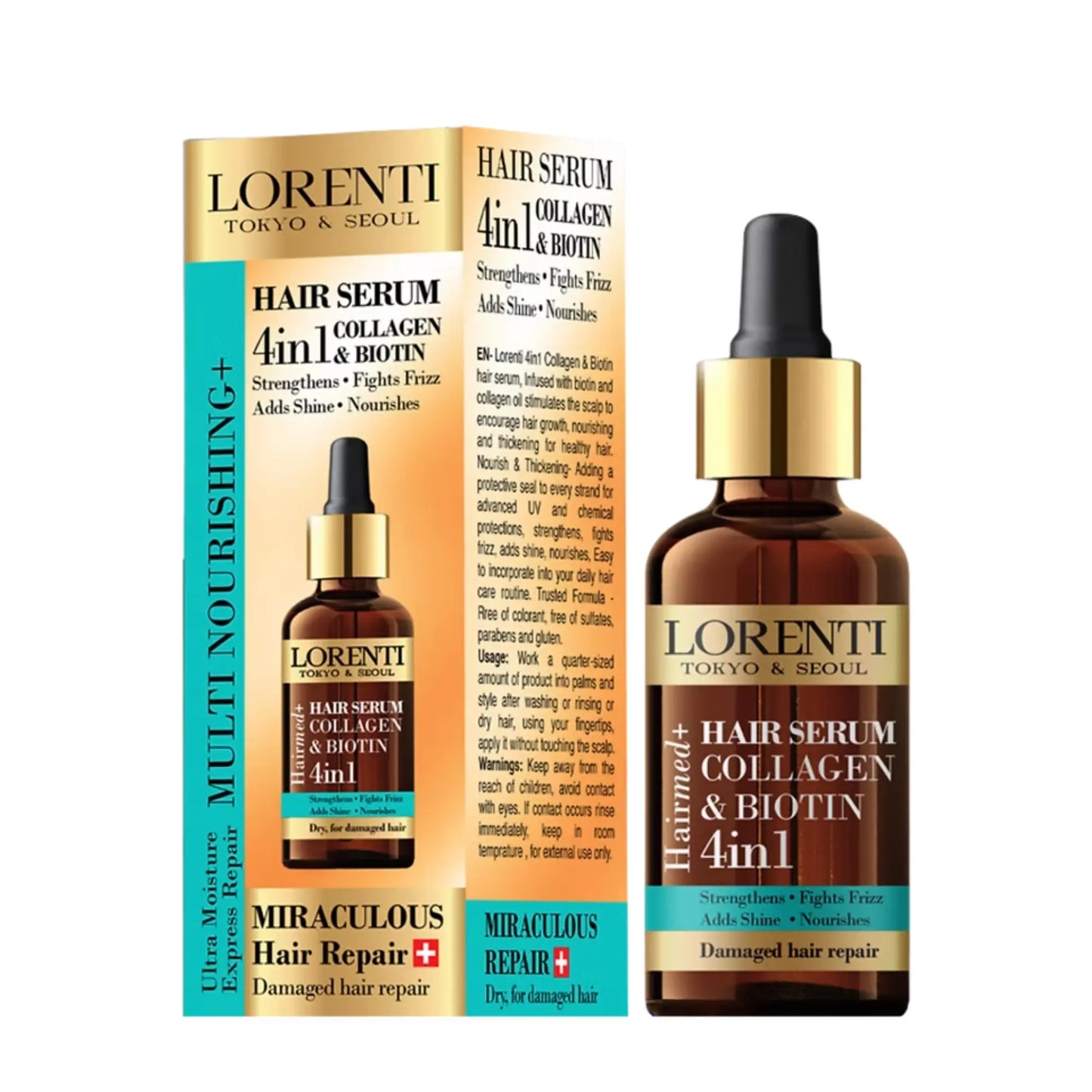 Lorenti hair serum bottle and packaging on a white background