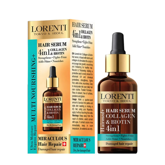 Lorenti hair serum bottle and packaging on a white background