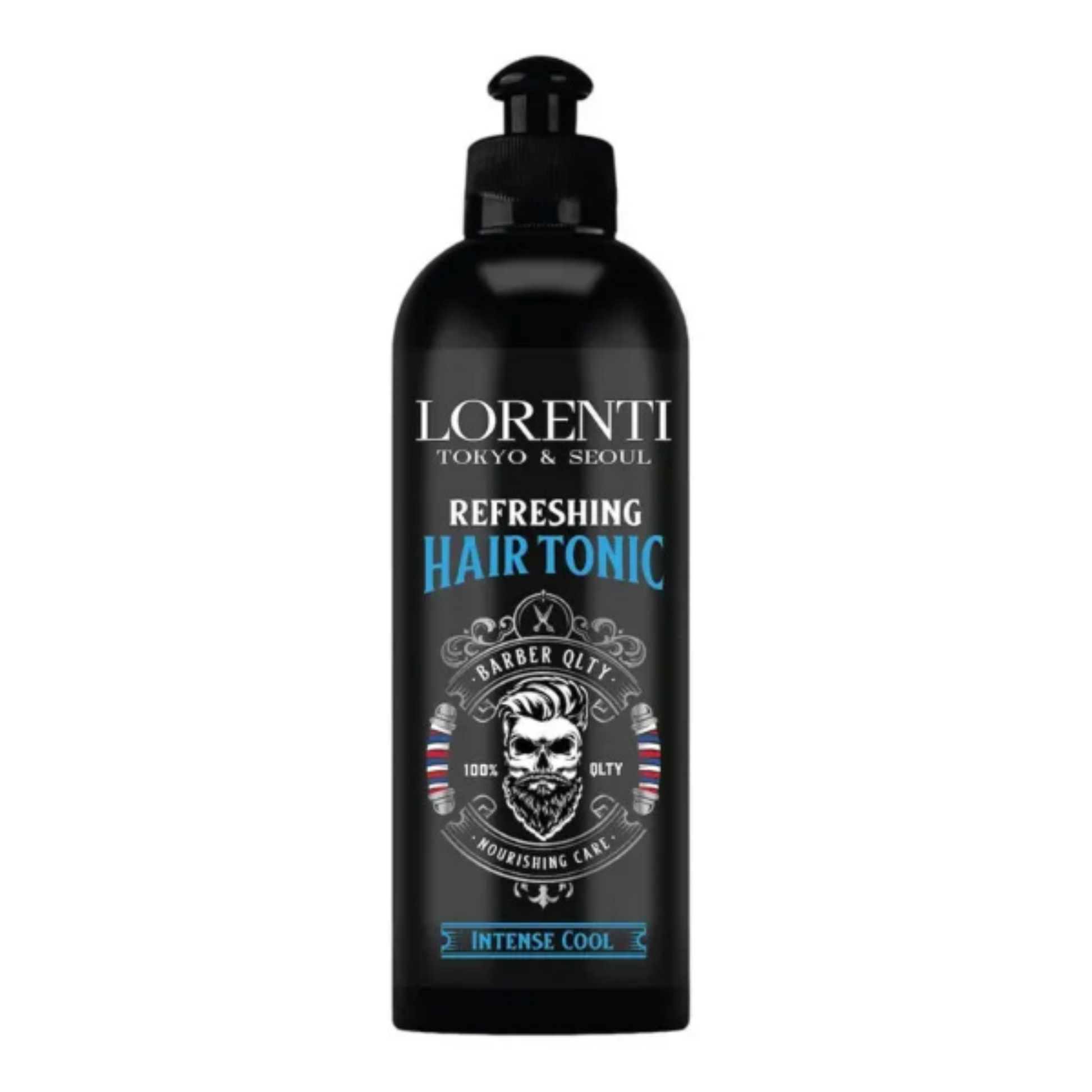 Black bottle of Lorenti refreshing hair tonic on a white background