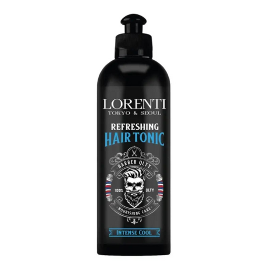 Black bottle of Lorenti refreshing hair tonic on a white background