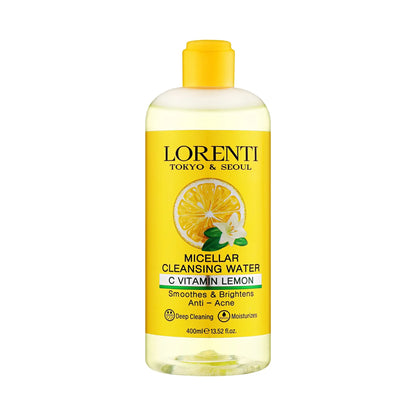 Bottle of Lorenti micellar cleansing water with lemon flavor on a white background