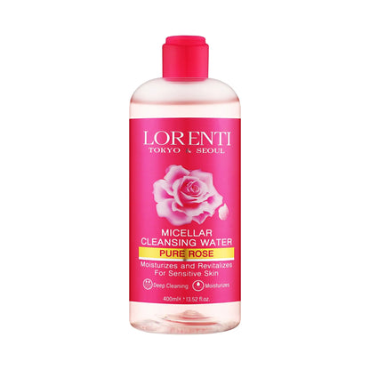 Lorenti micellar cleansing water bottle with pink label on a white background