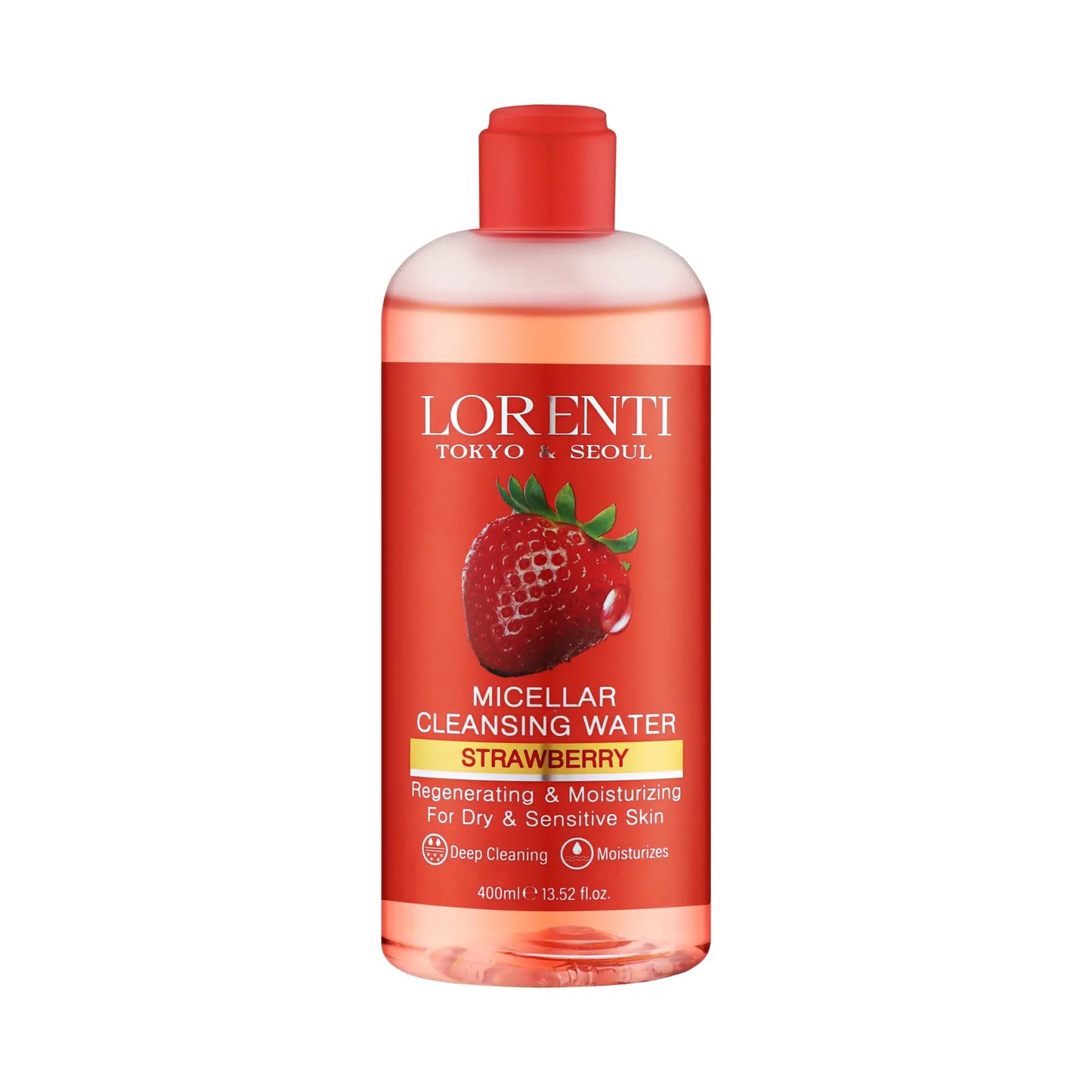 Lorenti strawberry micellar cleansing water bottle on a white background