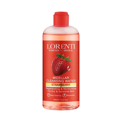 Lorenti strawberry micellar cleansing water bottle on a white background