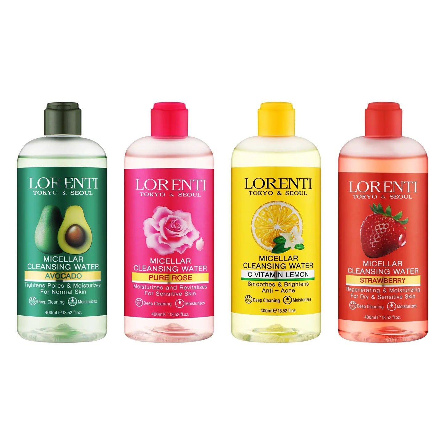 Four bottles of Loreenti micellar cleansing water with different colored labels and fruit illustrations on a white background.