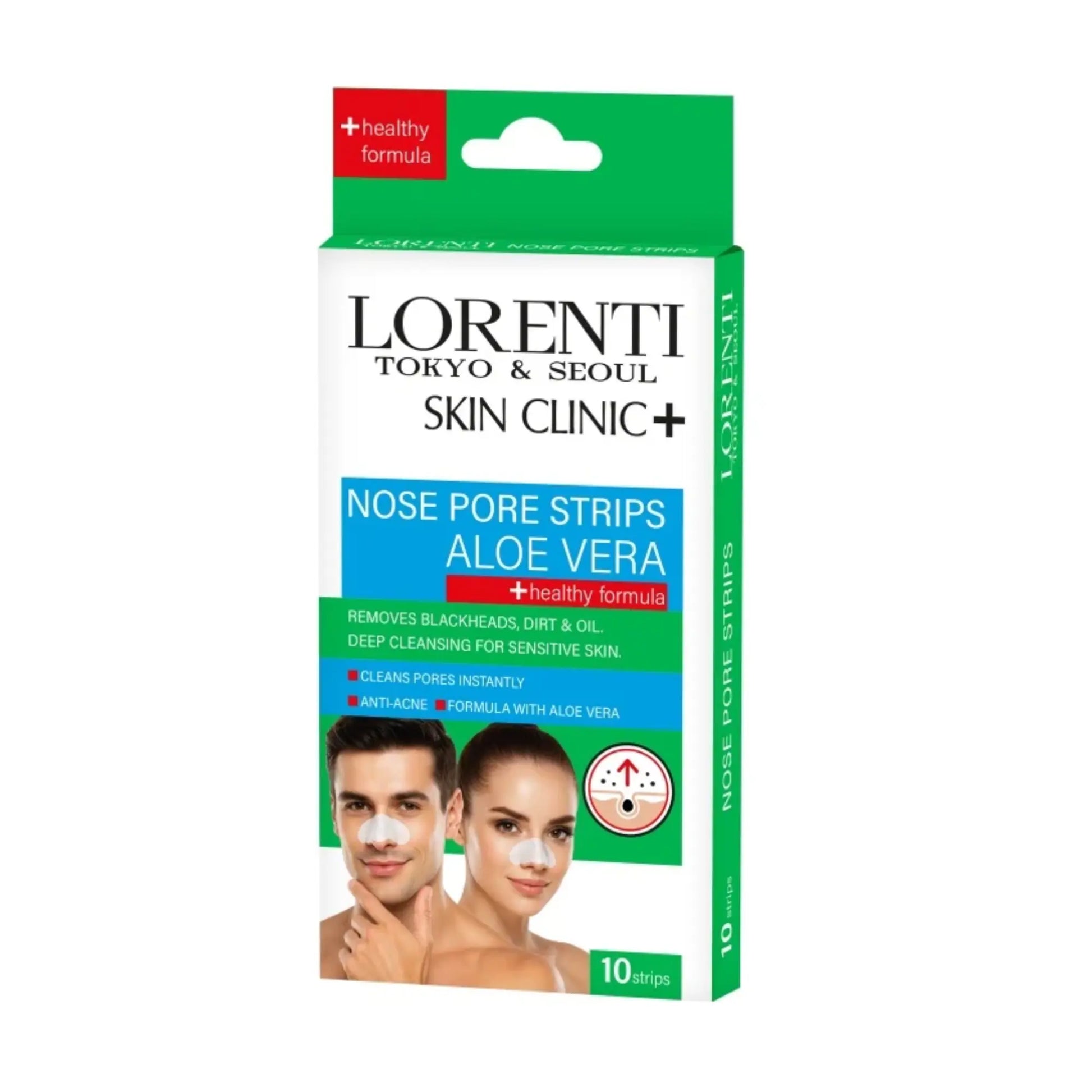 Lorenti Skin Clinic nose pore strips packaging with images of a man and woman using the product.