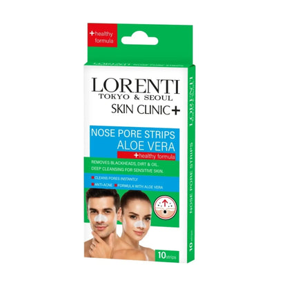 Lorenti Skin Clinic nose pore strips packaging with images of a man and woman using the product.