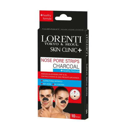Lorenti Skin Clinic nose pore strip packaging with images of a man and woman wearing strips.