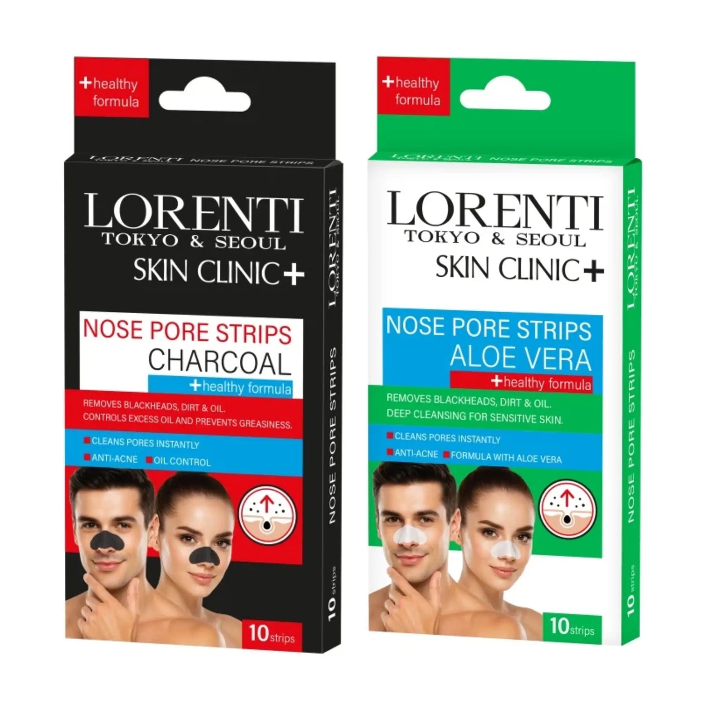 Two packages of Lorenti nose pore strips, one with charcoal and the other with Aloe Vera, on a white background.