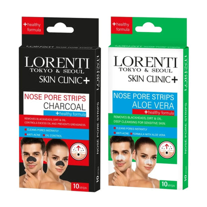 Two packages of Lorenti nose pore strips, one with charcoal and the other with Aloe Vera, on a white background.