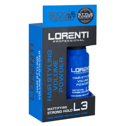 Lorenti Professional hair styling volume powder packaging with blue and black design.