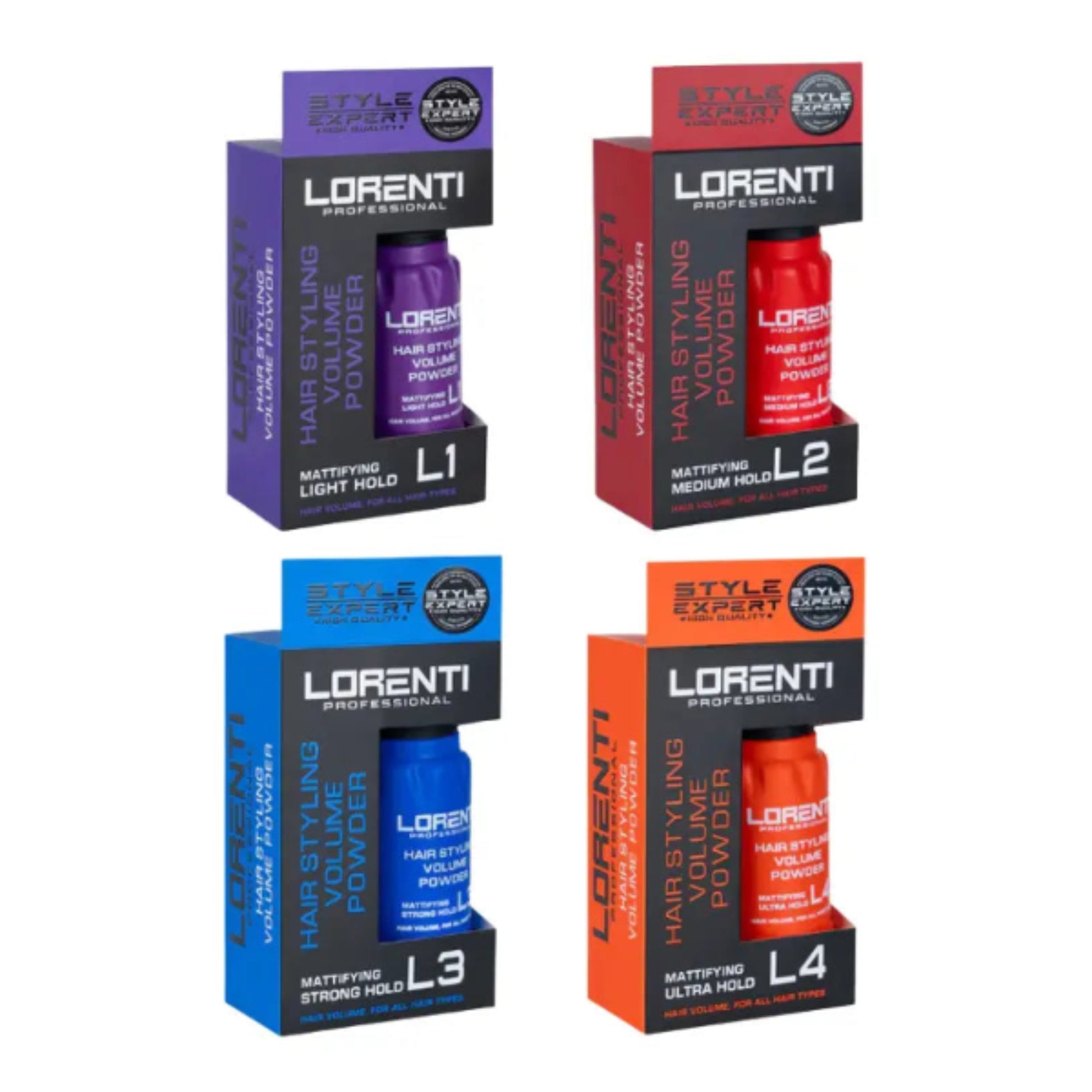 Four boxes of Lorenti hair styling volume powder with different colors and labels.